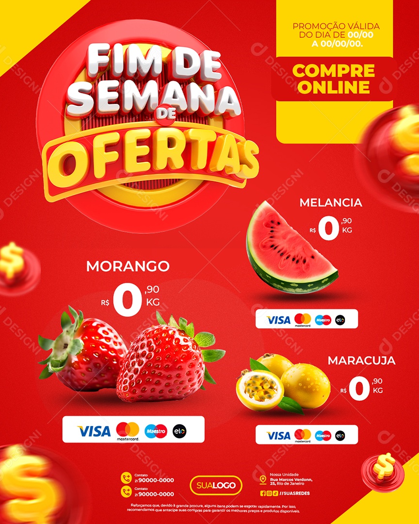 Fim de Semana de Ofertas Supermercado Morango Melancia Social Media PSD Editável