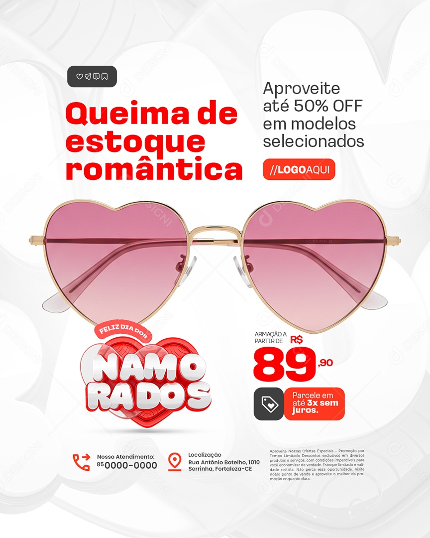 Feliz Dia dos Namorados Ótica Queima de Estoque Romântica Social Media PSD Editável