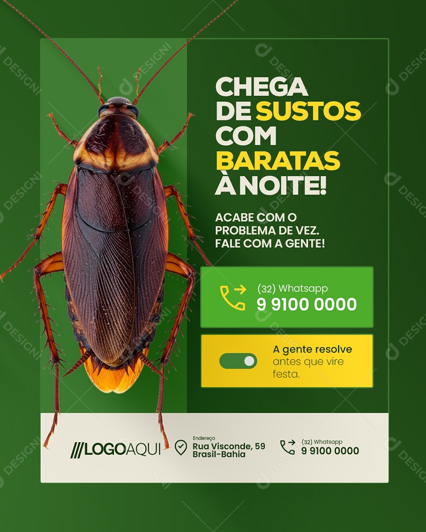 Dedetizadora Chega de Sustos com Baratas à Noite Social Media PSD Editável