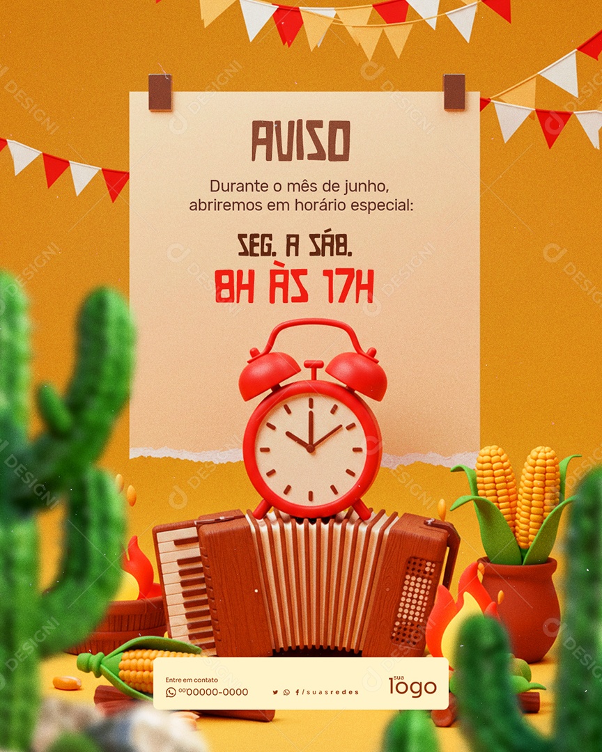 Aviso Horário Especial de São João Social Media PSD Editável