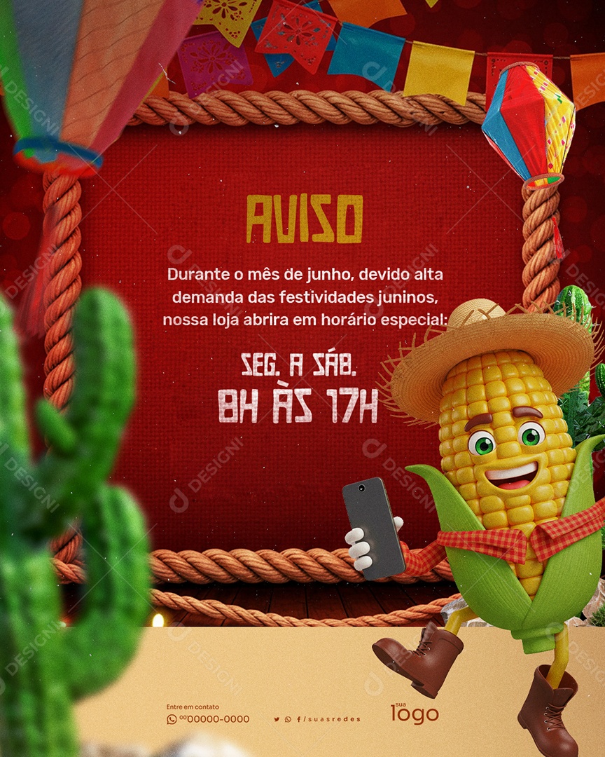 Aviso Horário Especial de São João Social Media PSD Editável