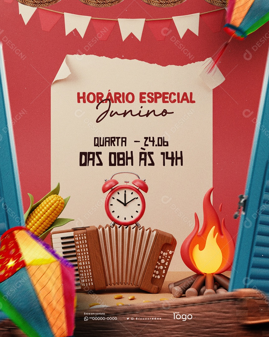 Aviso Horário Especial de São João Social Media PSD Editável