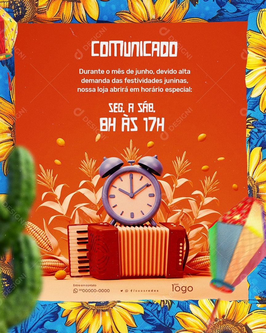 Aviso Horário Especial de São João Social Media PSD Editável