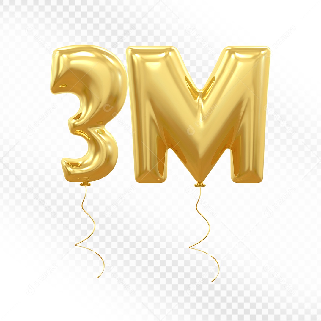 Elemento 3D Balão Dourado de Número 3M para Composição PSD