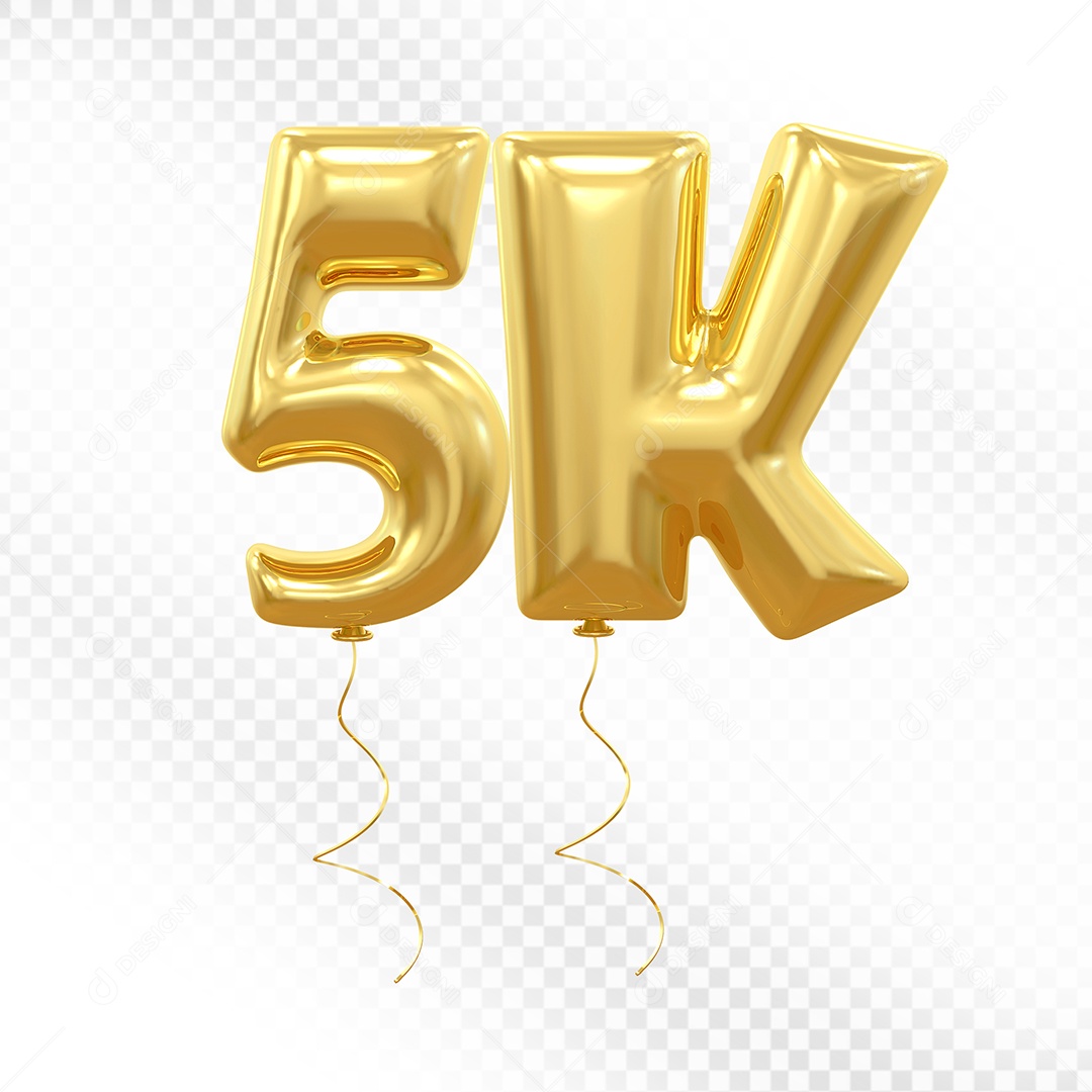 Elemento 3D Balão Dourado de Número 5K para Composição PSD