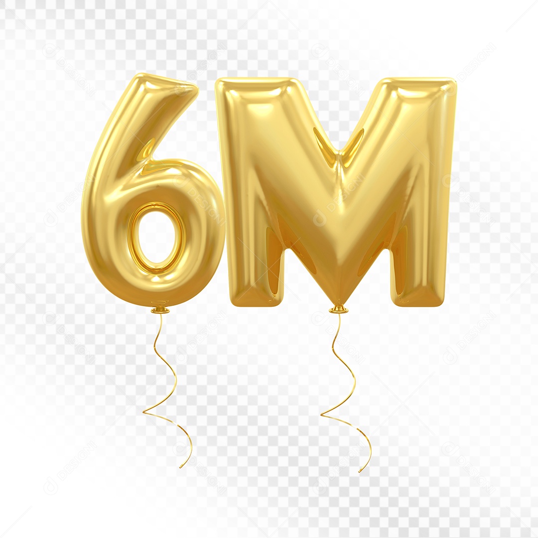 Elemento 3D Balão Dourado de Número 6M para Composição PSD