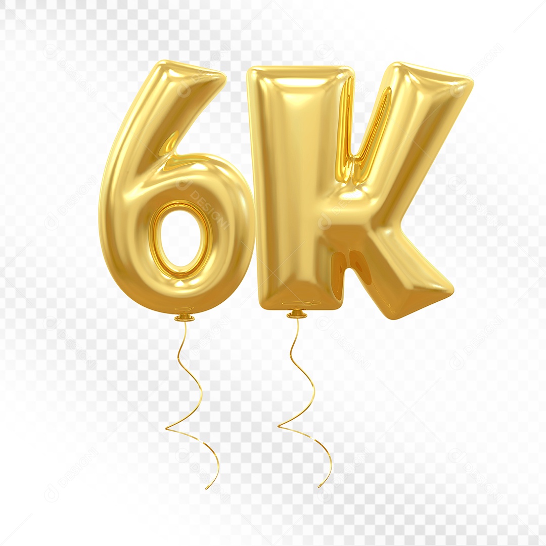 Elemento 3D Balão Dourado de Número 6K para Composição PSD