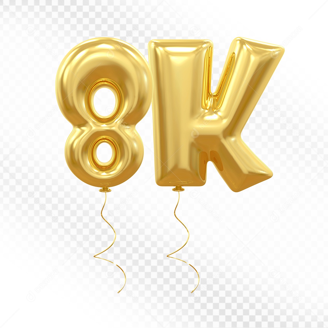 Elemento 3D Balão Dourado de Número 8K para Composição PSD