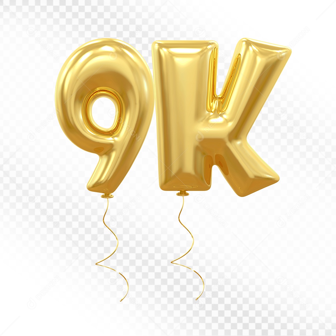 Elemento 3D Balão Dourado de Número 9K para Composição PSD