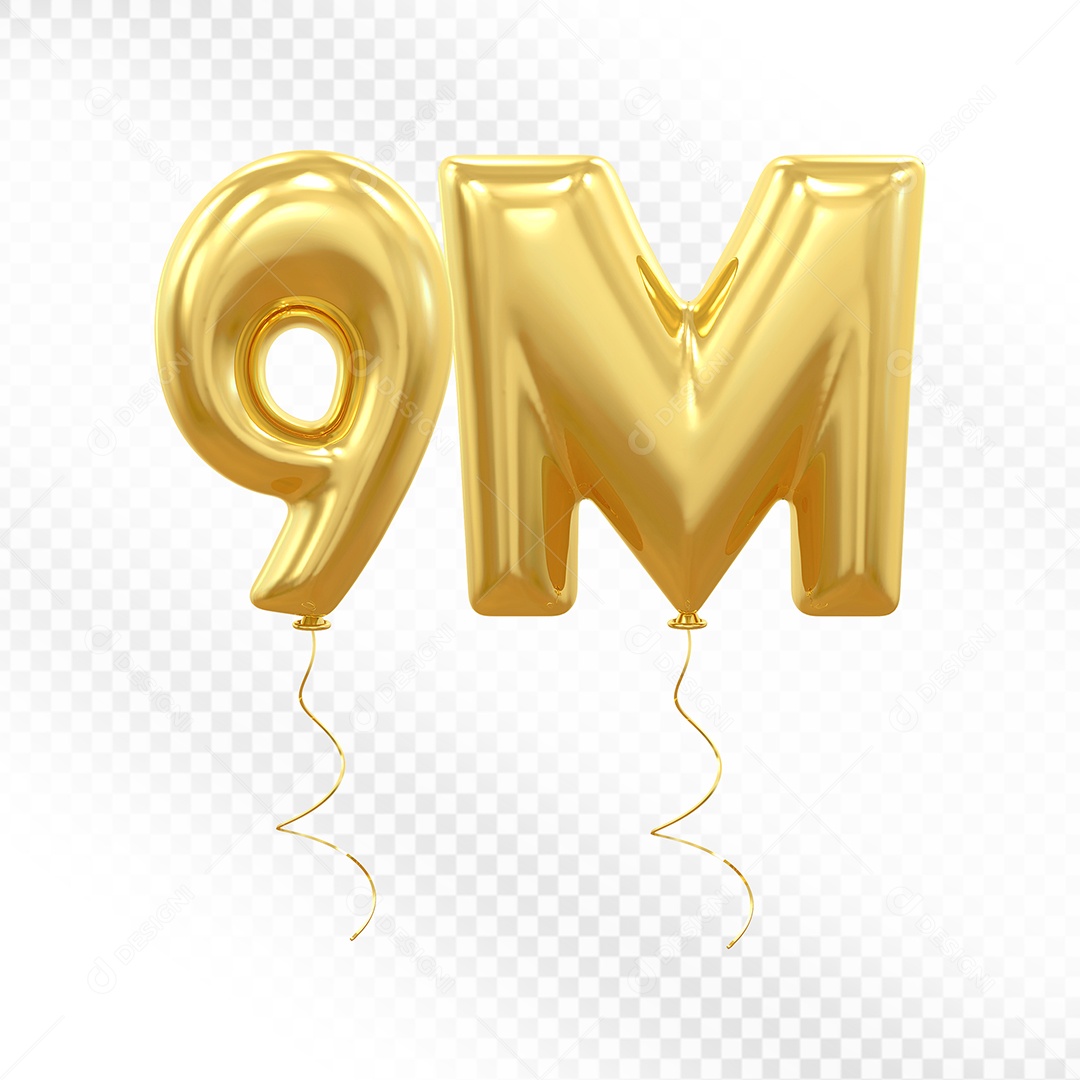 Elemento 3D Balão Dourado de Número 9M para Composição PSD