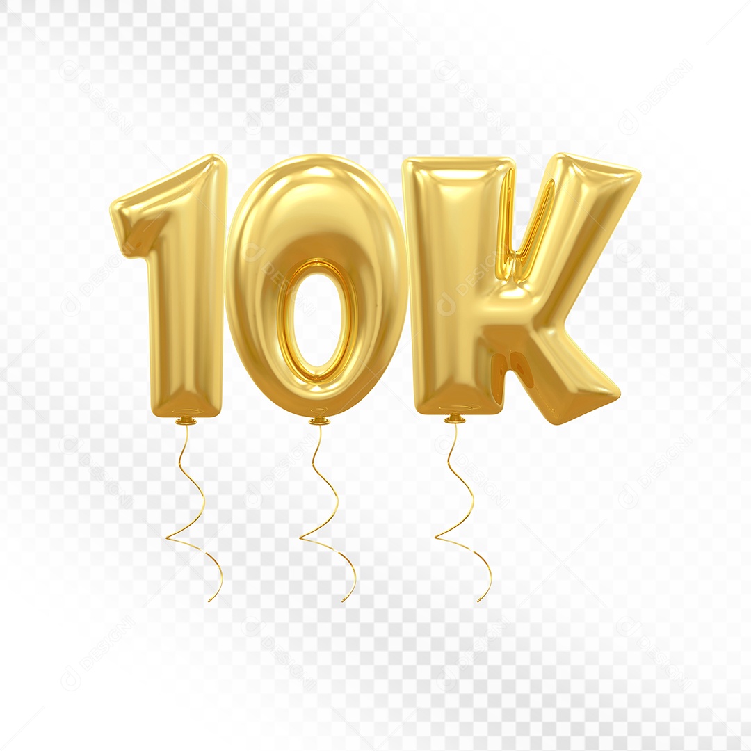 Elemento 3D Balão Dourado de Número 10K para Composição PSD