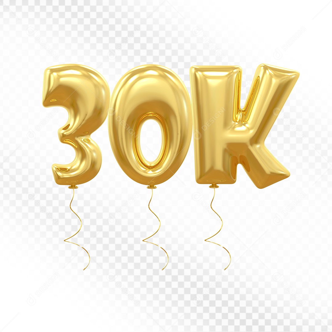 Elemento 3D Balão Dourado de Número 30K para Composição PSD