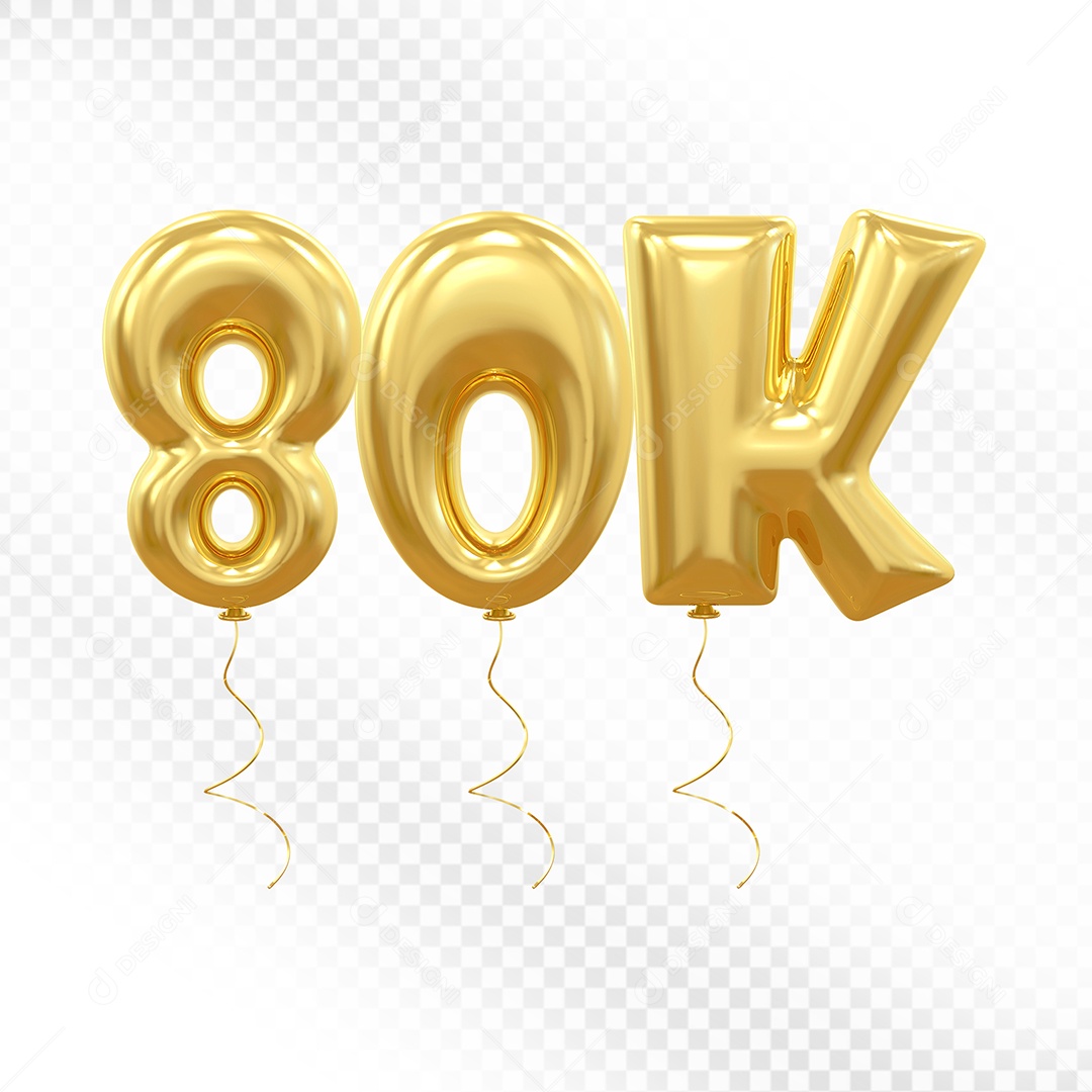 Elemento 3D Balão Dourado de Número 80K para Composição PSD