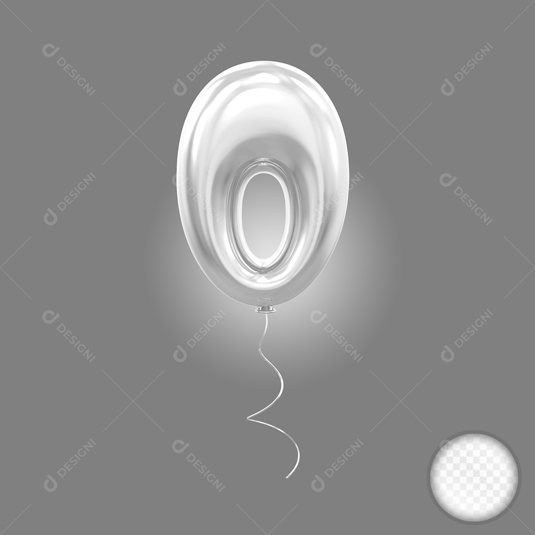 Elemento 3D Balão Prata de Número 0 para Composição PSD