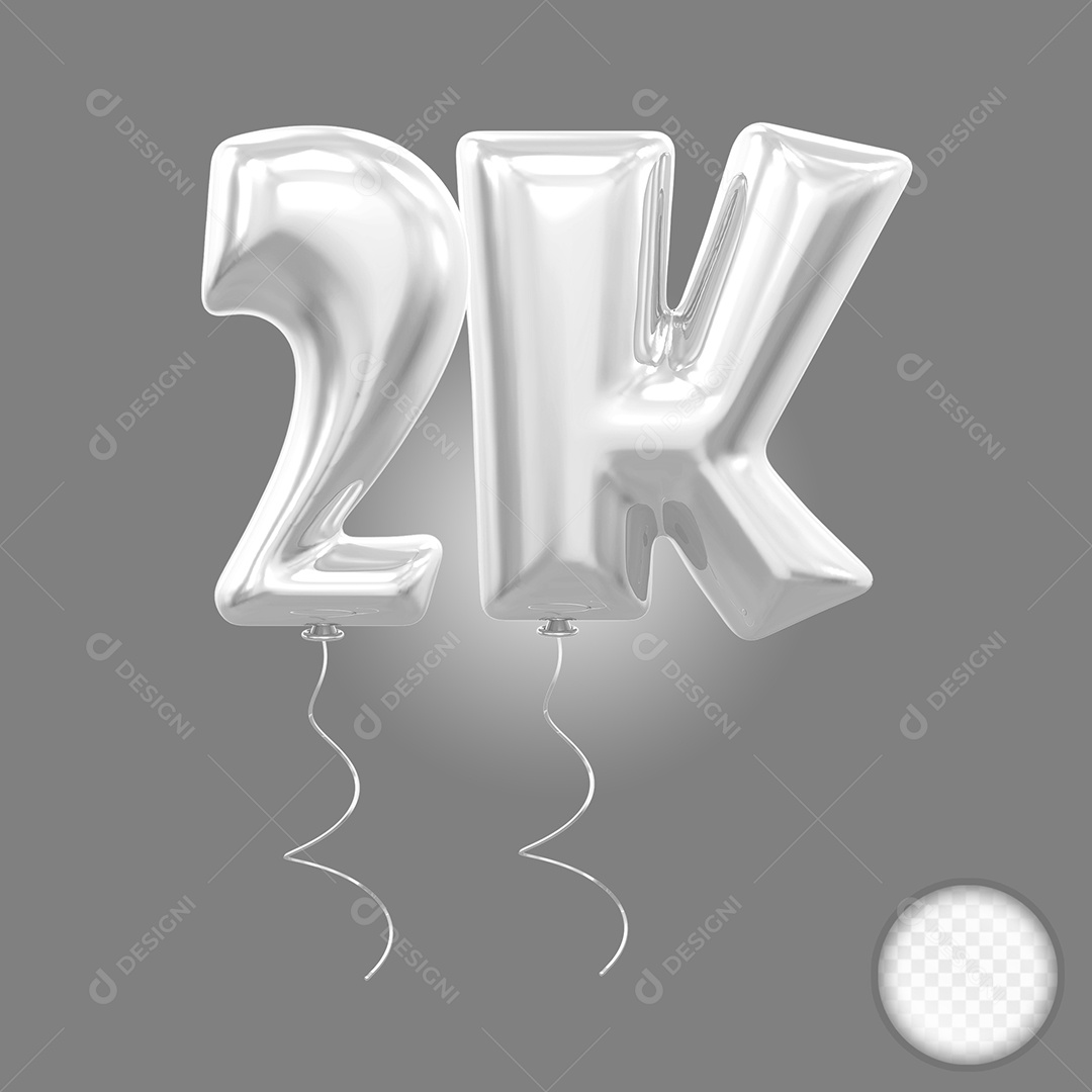 Elemento 3D Balão Prata de Número 2K para Composição PSD