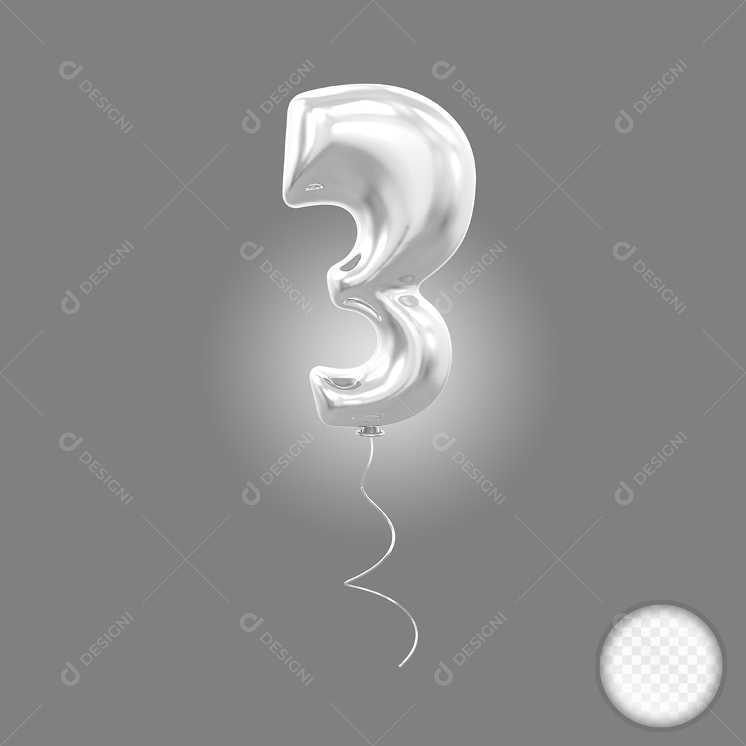 Elemento 3D Balão Prata de Número 3 para Composição PSD