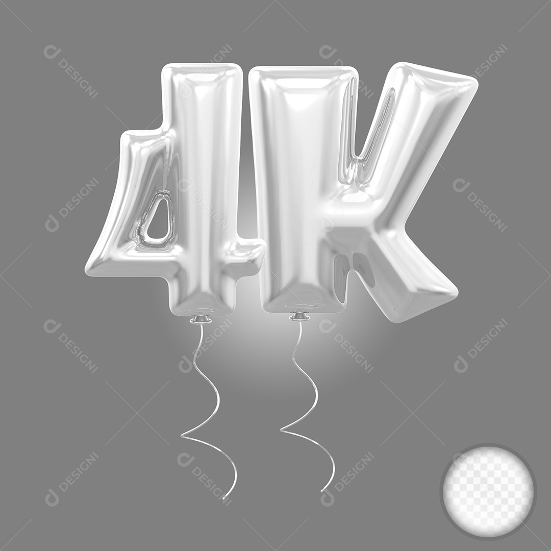 Elemento 3D Balão Prata de Número 4K para Composição PSD
