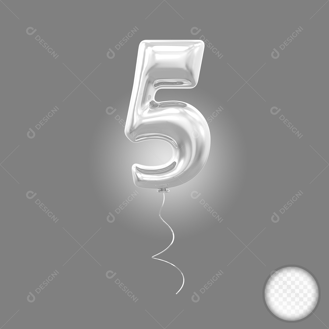 Elemento 3D Balão Prata de Número 5 para Composição PSD