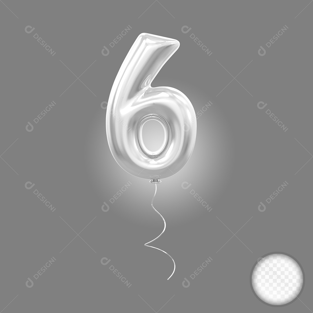 Elemento 3D Balão Prata de Número 6 para Composição PSD