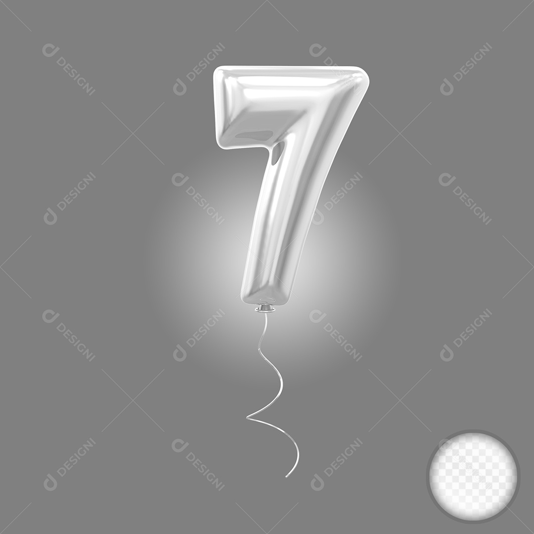 Elemento 3D Balão Prata de Número 7 para Composição PSD
