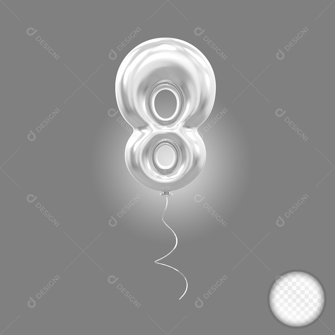 Elemento 3D Balão Prata de Número 8 para Composição PSD