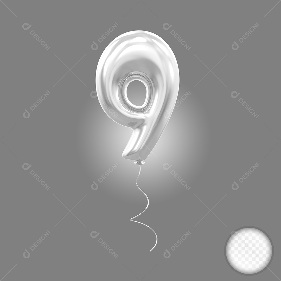 Elemento 3D Balão Prata de Número 9 para Composição PSD