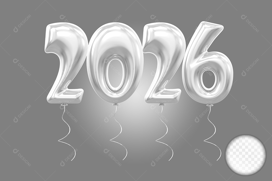 Elemento 3D Balão Prata de Número 2026 para Composição PSD