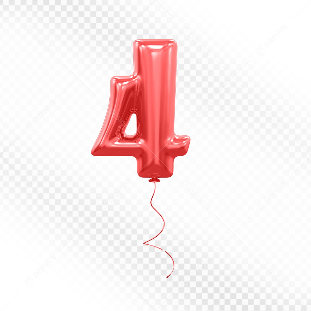 Elemento 3D Balão Vermelho de Número 4 para Composição PSD