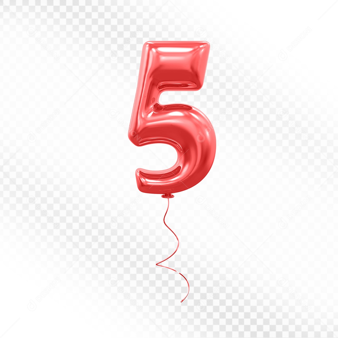 Elemento 3D Balão Vermelho de Número 5 para Composição PSD