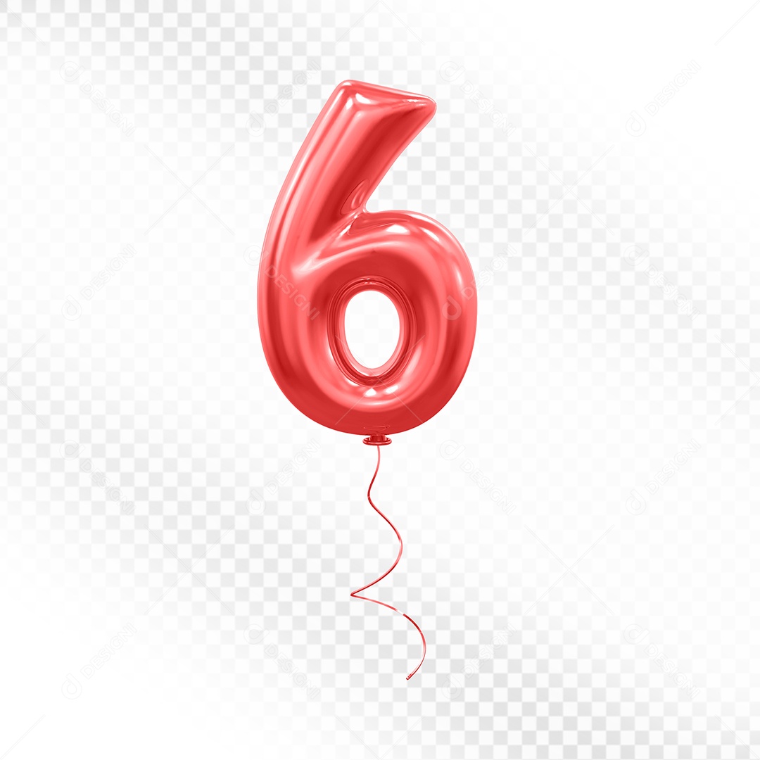 Elemento 3D Balão Vermelho de Número 6 para Composição PSD