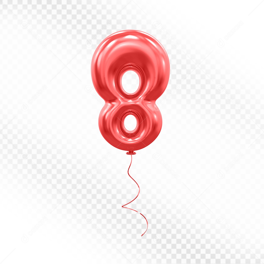 Elemento 3D Balão Vermelho de Número 8 para Composição PSD