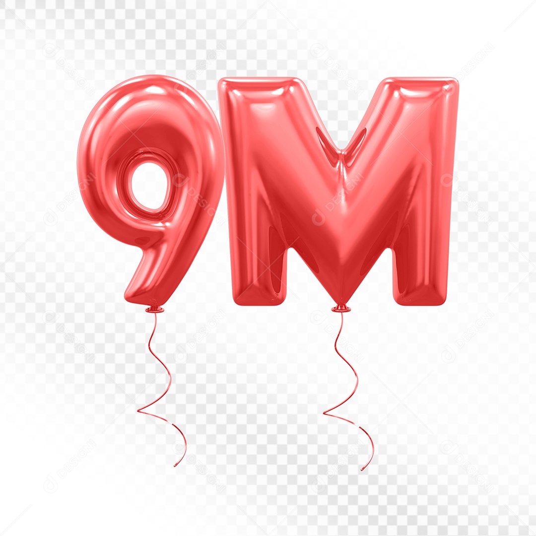 Elemento 3D Balão Vermelho de Número 9M para Composição PSD
