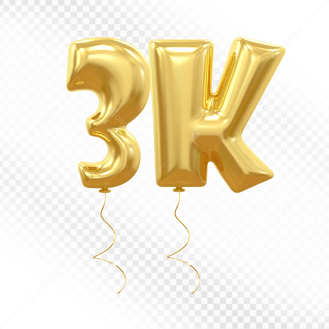 Elemento 3D Balão Dorado de Número 3K para Composição PSD