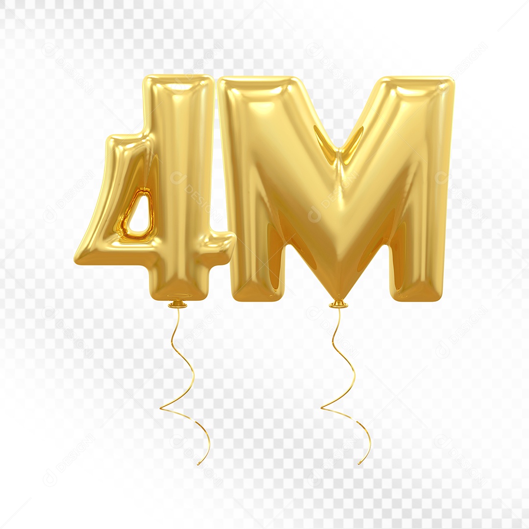 Elemento 3D Balão Dorado de Número 4K para Composição PSD