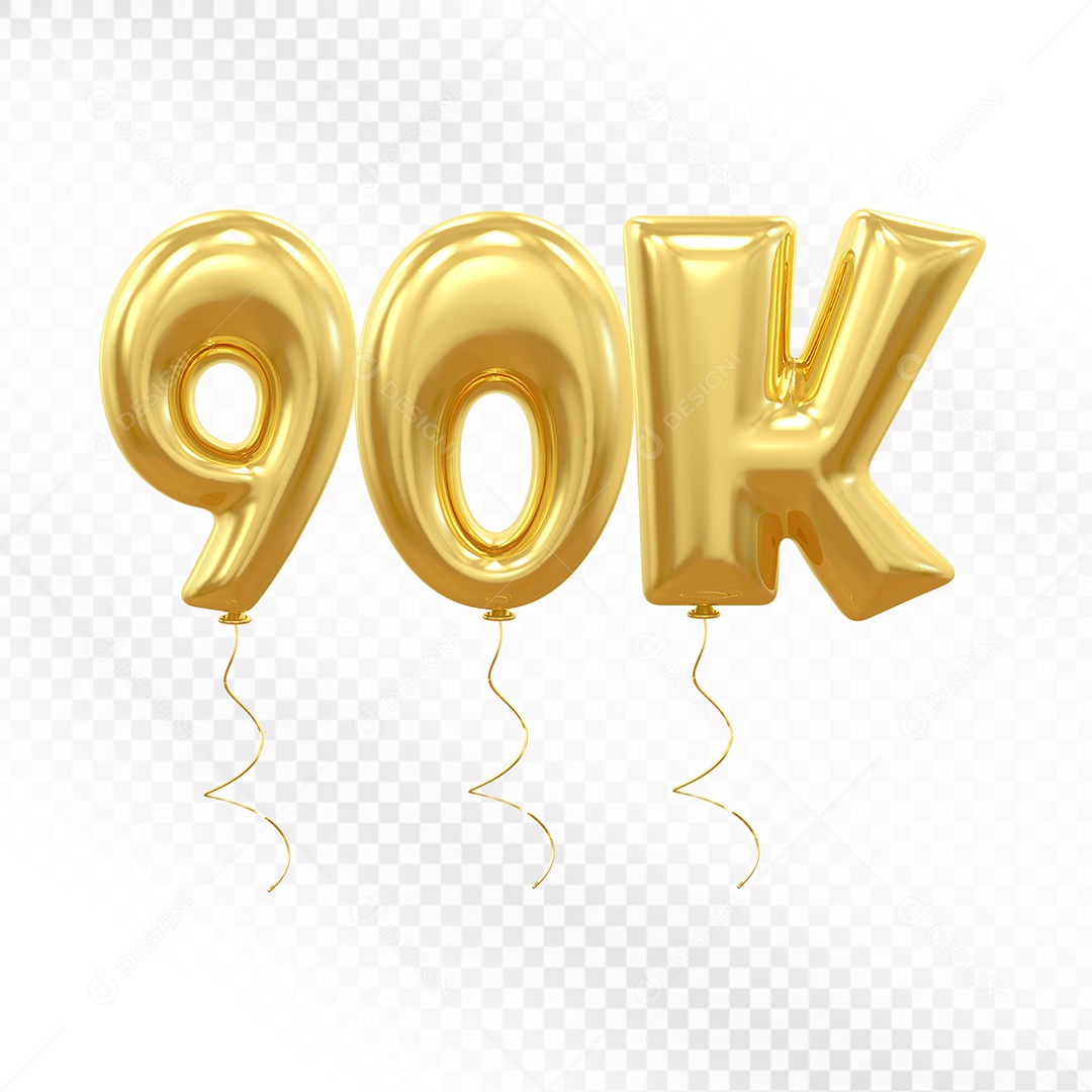 Elemento 3D Balão Dorado de Número 90K para Composição PSD