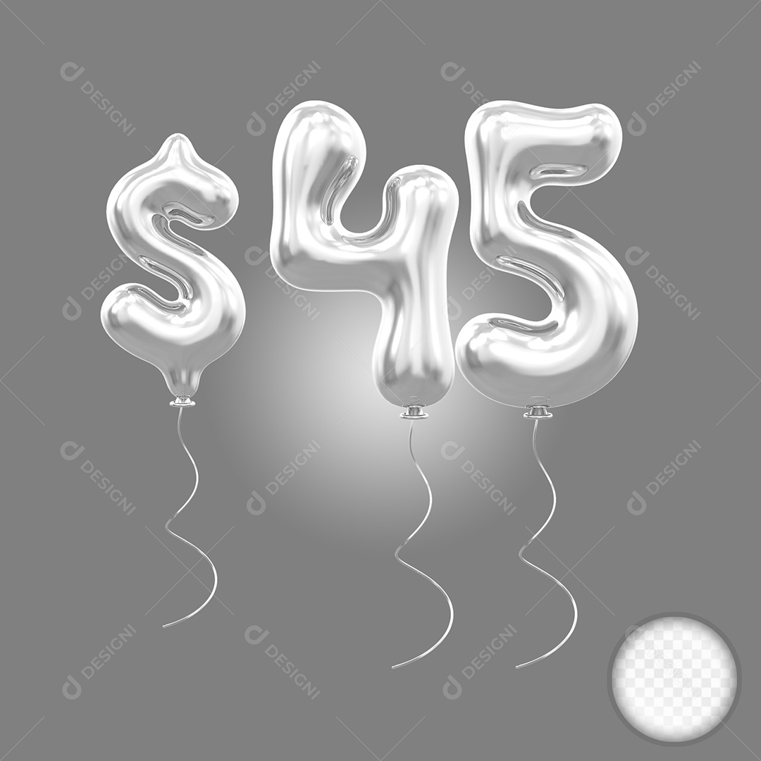 Balão 3D Número 45 Com SImbolo de Doinheiro Cinza Elemento Para Composição PSD