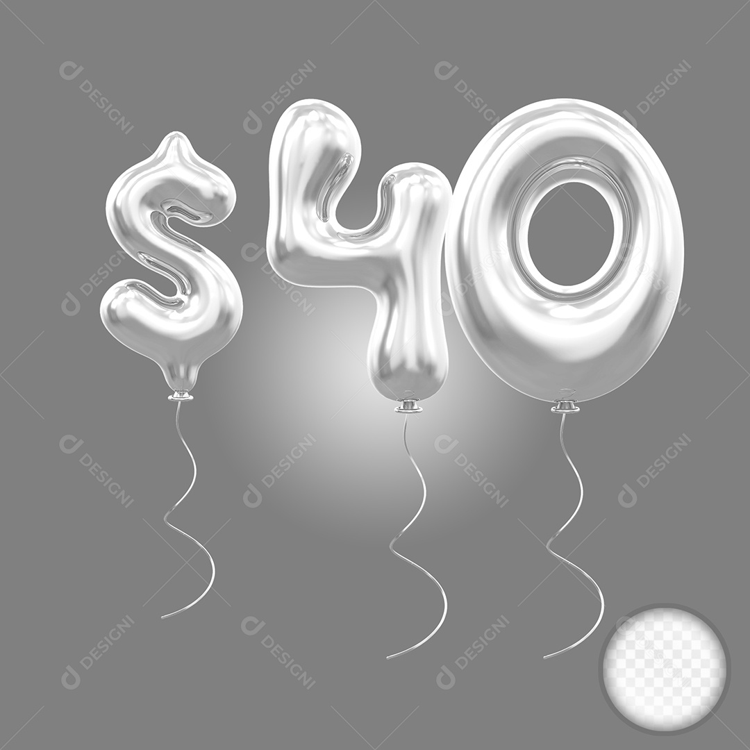 Balão Prata 3D Número 40 Dinheiro Elemento Para Composição PSD