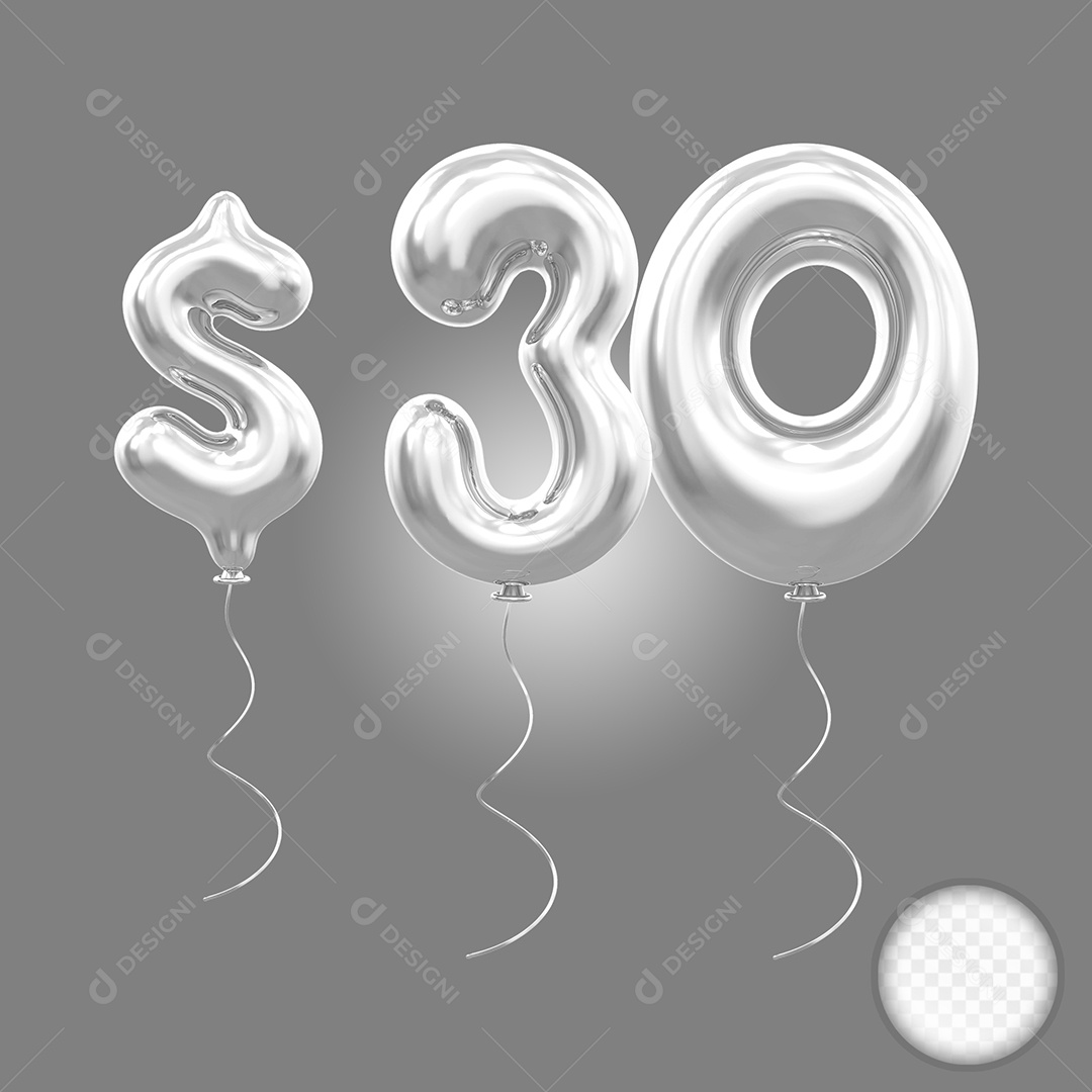 Balão Prata 3D Número 30 Dinheiro Elemento Para Composição PSD