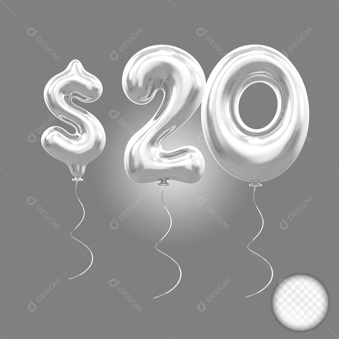 Balão Prata 3D Número 20 Dinheiro Elemento Para Composição PSD