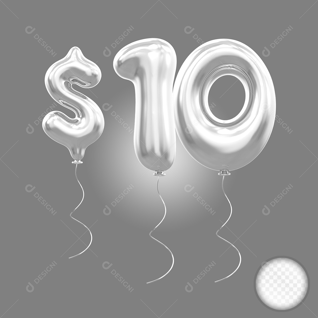 Balão Prata 3D Número 10% Elemento Para Composição PSD