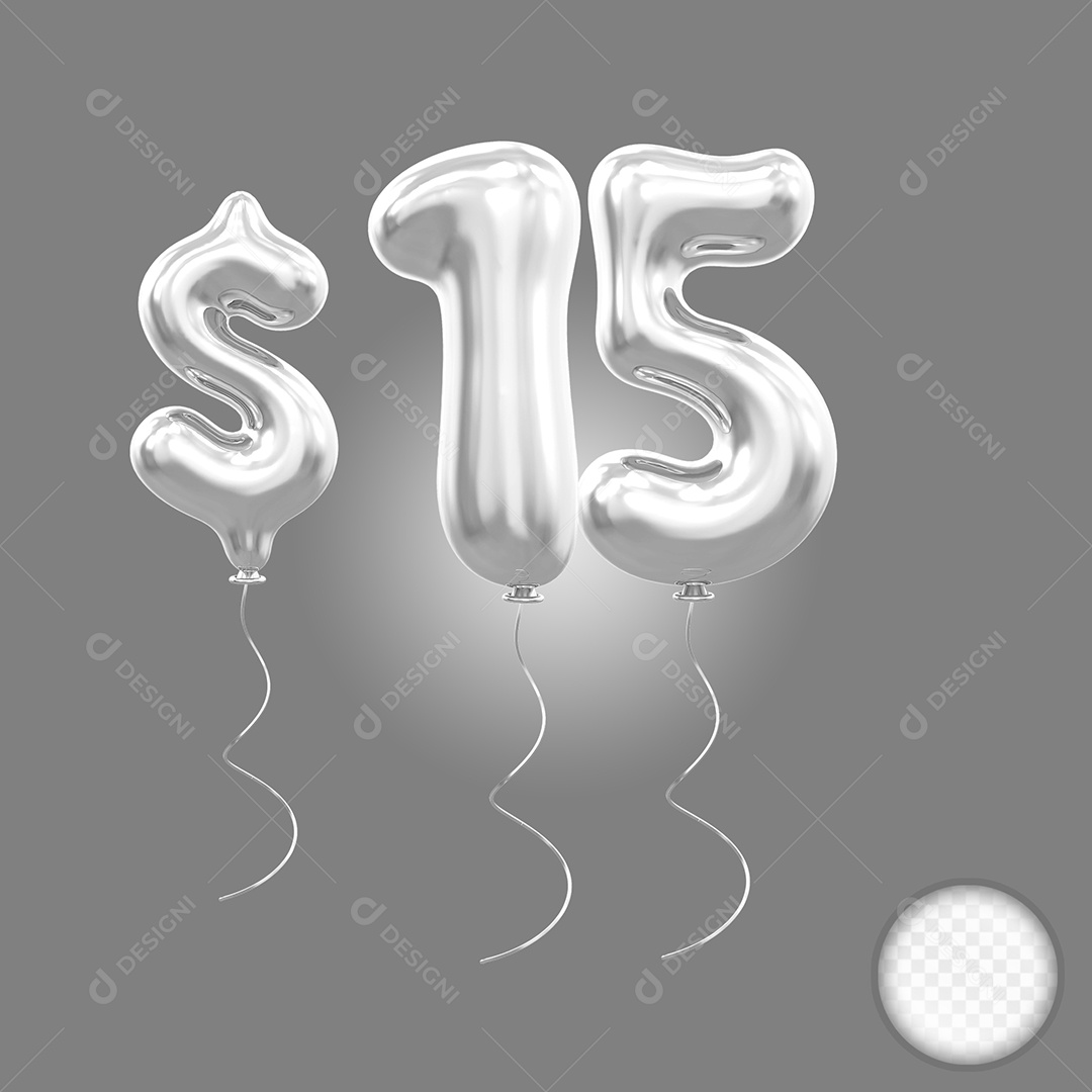 Balão Prata 3D Número 15% Elemento Para Composição PSD