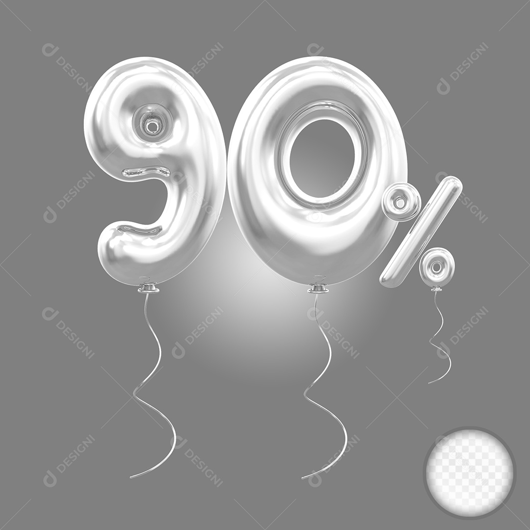 Balão Prata 3D Número 90% Elemento Para Composição PSD