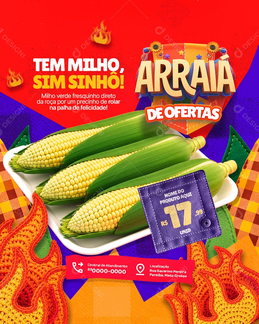 Arraiá de Ofertas Supermercado Tem Milho Sim Sinhô Social Media PSD Editável