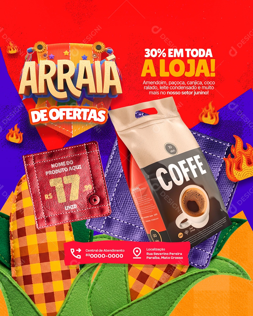 Arraiá de Ofertas Supermercado Pacote de Café 30% Social Media PSD Editável