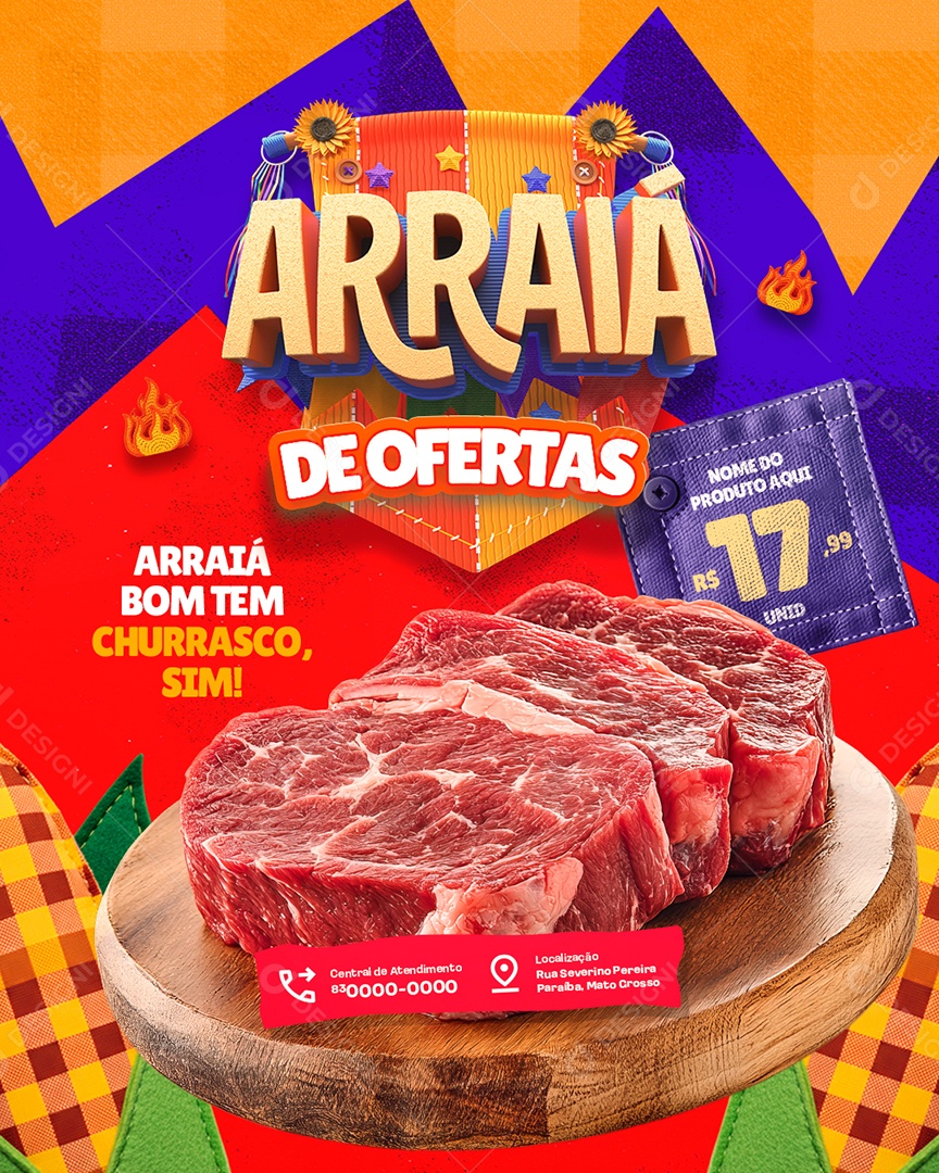 Arraiá de Ofertas Supermercado Açougue Churrasco Sim Social Media PSD Editável