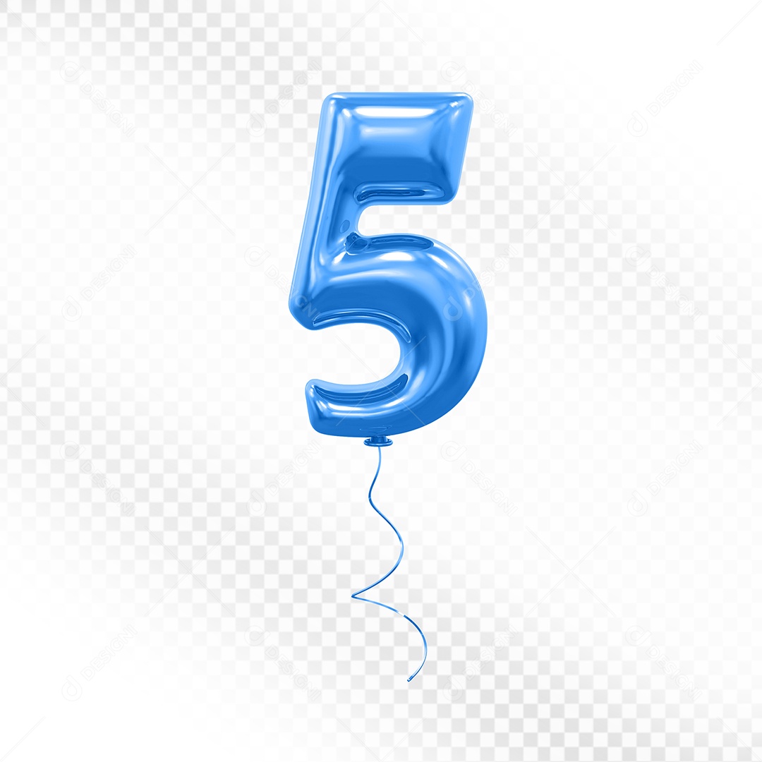 Elemento 3D Balão Azul de Número 5 para Composição PSD