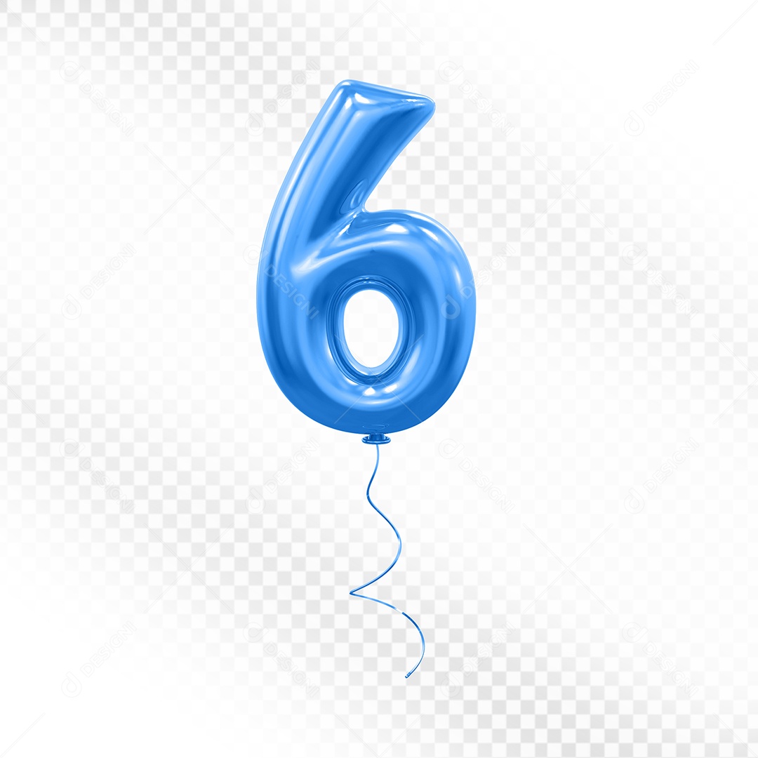 Elemento 3D Balão Azul de Número 6 para Composição PSD