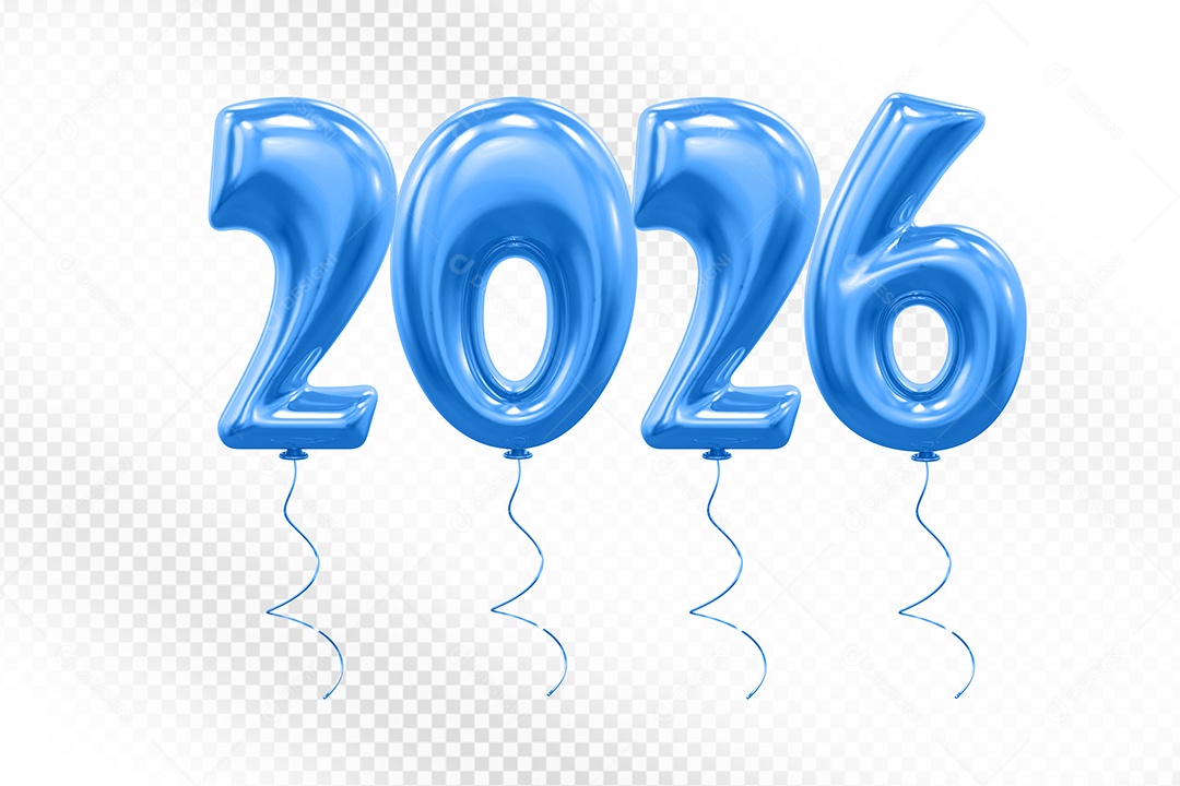 Elemento 3D Balão Azul de Número 2026 para Composição PSD