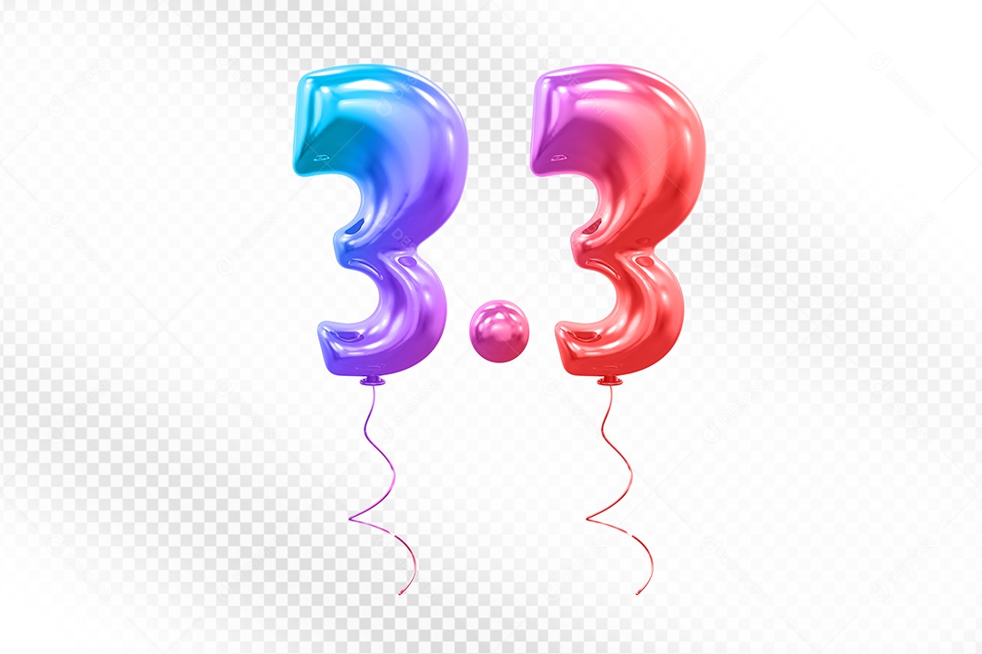 Elemento 3D Balão Colorido de Número 3.3 para Composição PSD