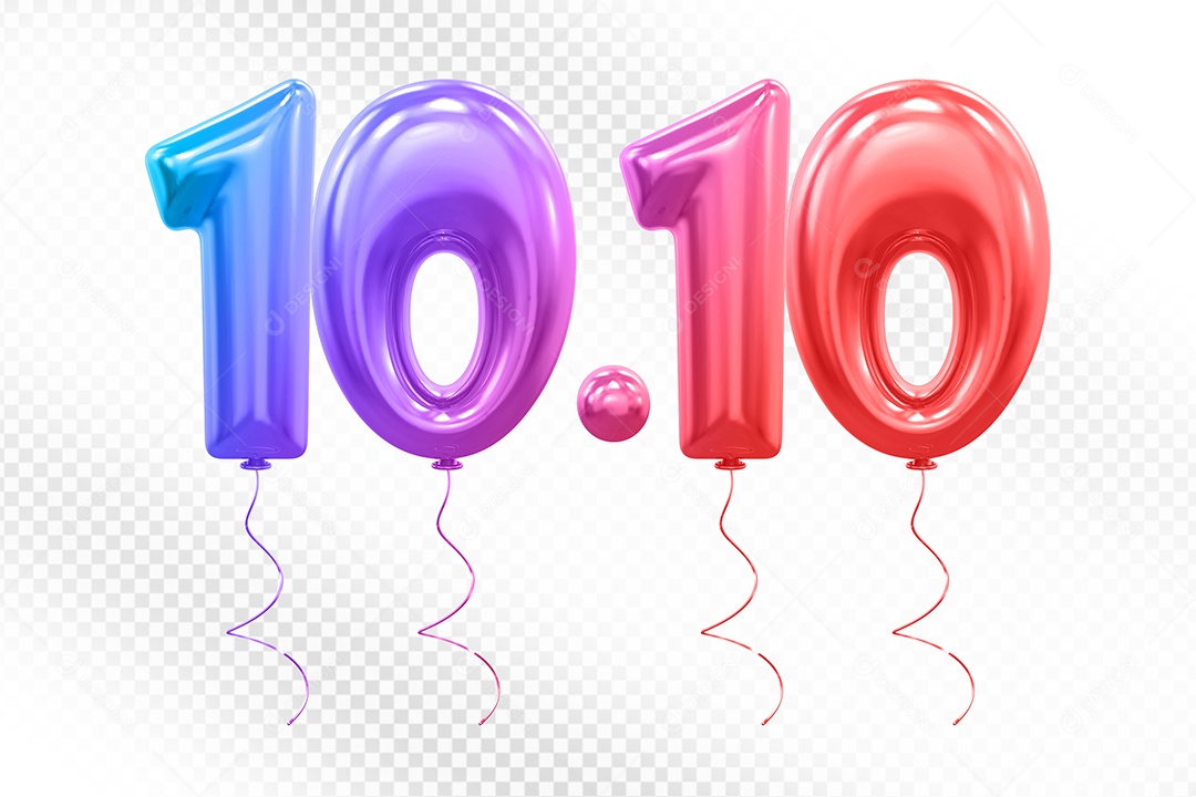 Elemento 3D Balão Colorido de Número 10.10 para Composição PSD